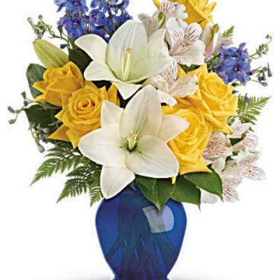 Like a sunny day at the shore, this bright bouquet invigorates and inspires! Radiant yellow roses, white lilies and blue delphinium are expertly arranged in our bold blue plastic ginger jar.
Sunny yellow roses, white asiatic lilies, white alstroemeria, and blue delphinium are arranged with leatherleaf fern and lemon leaf.
