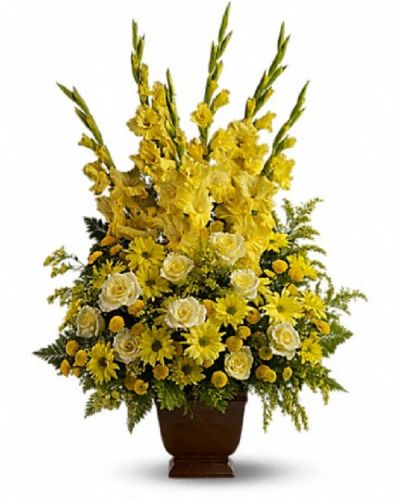 <div class="m-pdp-tabs-description">
<div id="mark-1" class="m-pdp-tabs-marketing-description">Honor a bright spirit who was like a ray of sunshine to everyone they encountered, with a grand display of bold yellow blossoms. At more than three feet tall, it will add a touch of brightness to any tribute.</div>
</div>
<p id="arrngDescp">A mix of fresh yellow flowers such as roses, gladioli and chrysanthemums - accented with fern.</p>