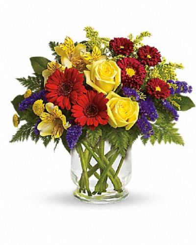 <div class="m-pdp-tabs-description">
<div id="mark-1" class="m-pdp-tabs-marketing-description">You'll want to put this colorful bouquet on your hit parade of gifts to send. Bold primary colors and a perfect mix of flowers make it great for men and women of all ages. In other words, it's a perfect arrangement.</div>
</div>
<p id="arrngDescp">Yellow roses, alstroemeria, and button spray chrysanthemums, red miniature gerberas and matsumoto asters along with purple statice, salal and fern are delivered in a lovely hurricane vase. It's a garden parade to be proud of!</p>