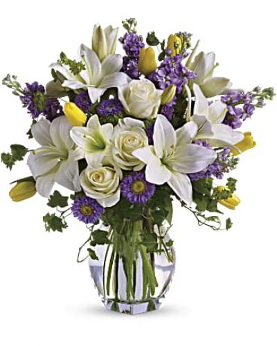 <div id="mark-3" class="m-pdp-tabs-marketing-description">Dance into spring! Send this bouquet of favorite spring flowers to brighten someone's day with the playful beauty of nature. Such a pretty way to say, "I'm thinking of you!"</div>
&nbsp;
<div id="desc-3">
<ul>
 	<li>This white, lavender and yellow bouquet includes white asiatic lilies, cream roses, yellow tulips, lavender stock, lavender matsumoto asters and greens including bupleurum, ivy and seeded eucalyptus.</li>
</ul>
</div>