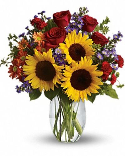 <div class="m-pdp-tabs-description">
<div id="mark-1" class="m-pdp-tabs-marketing-description">

<hr />

Pure happiness is what this pretty bouquet delivers - whether you're sending it for a fall birthday, Thanksgiving, thank you, or simply just because. Surely, no one can be in the presence of something so inherently happy and not smile.

</div>
</div>
<p id="arrngDescp">Sunny sunflowers, red roses and miniature carnations, bronze daisy spray chrysanthemums, large lavender monte cassino asters and autumn greens are beautifully arranged in a clear glass vase.</p>