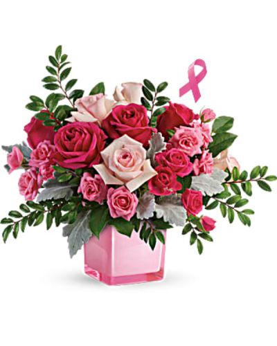Pink is power! This beautiful, lush bouquet features roses in every shade of pink and is hand-arranged in a gorgeous pink cube. Send this bouquet as a thoughtful gift and also give a gift for others!
The incredible bouquet includes pink roses and spray roses accented with assorted greenery.
